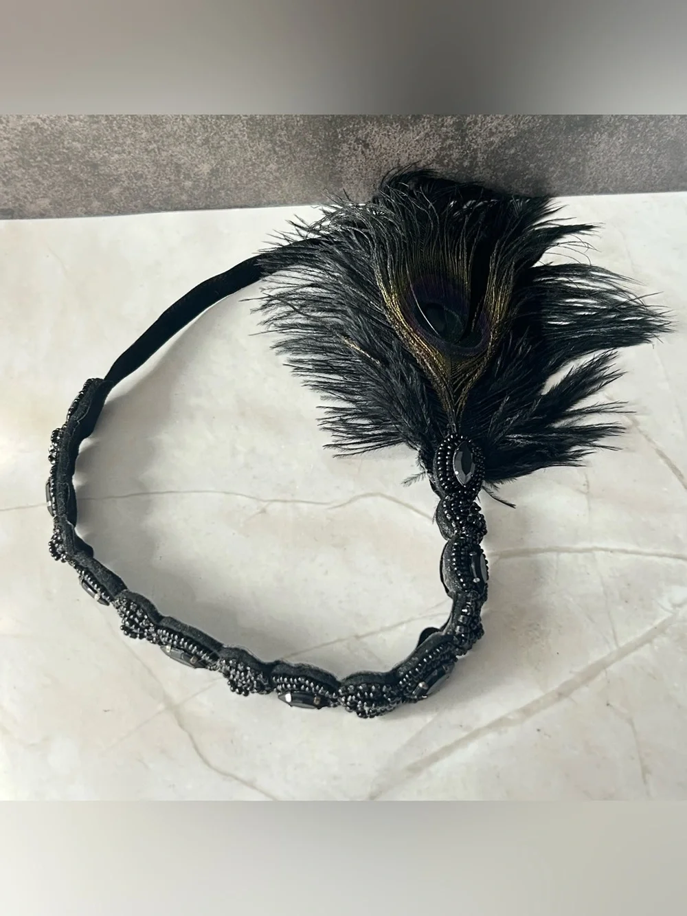 Black Beaded Feather Headband with Peacock Accent